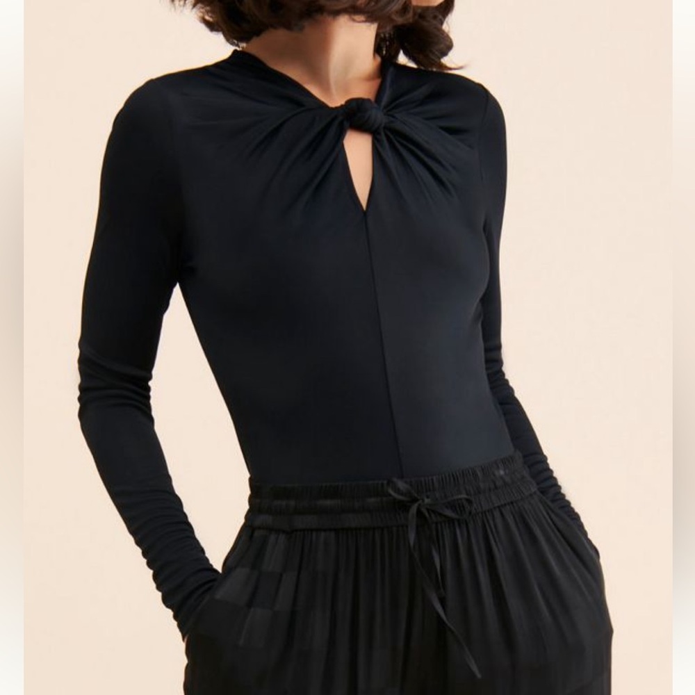 FARM Rio Black Knot-Front Long-Sleeve Bodysuit